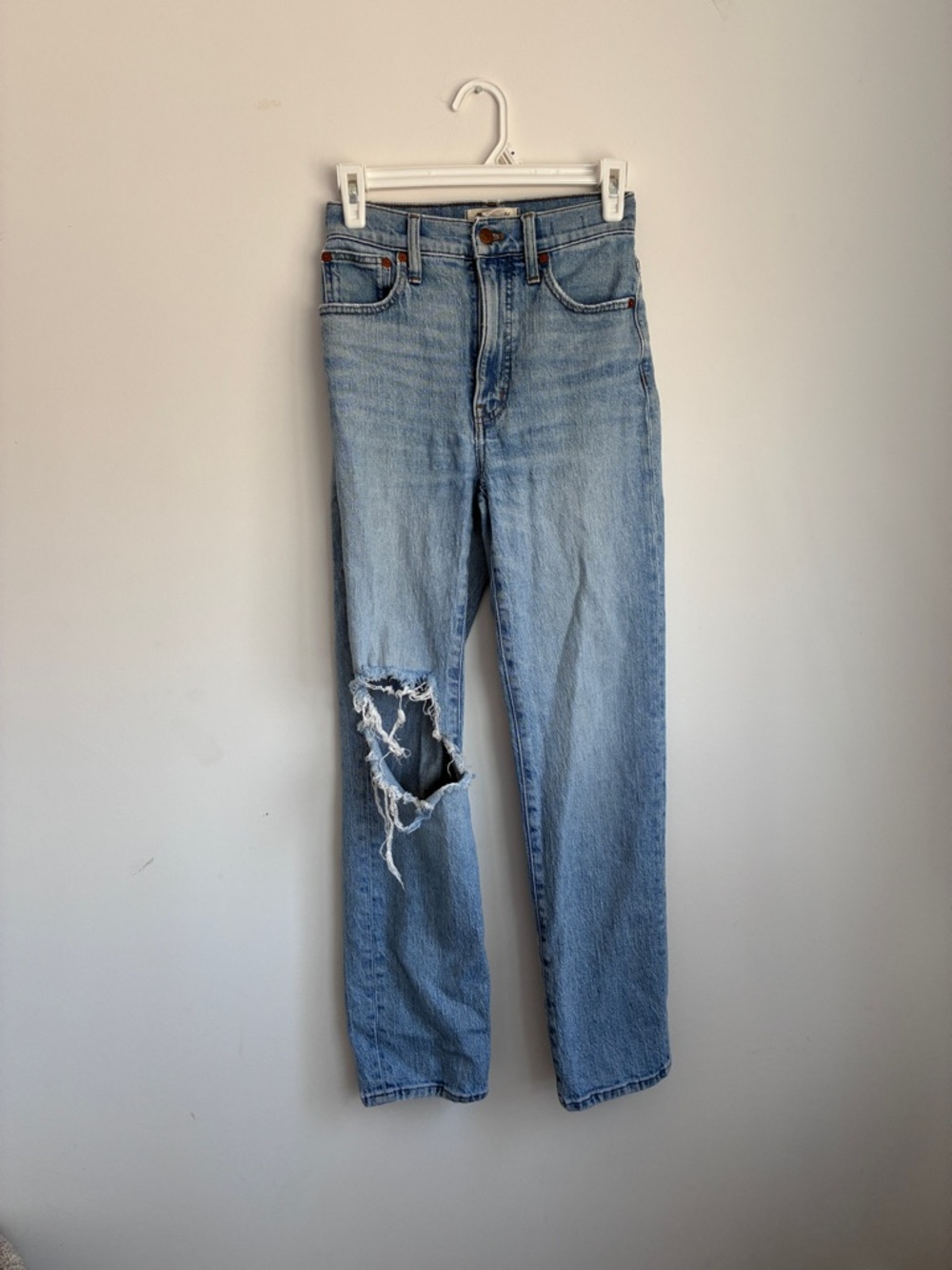Madewell Light Blue Straight Leg Jeans with Distressed Knee